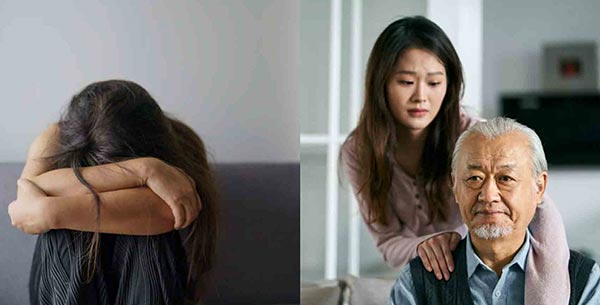 人際關係及發展：家庭關係、女兒在家安慰年長的父親。